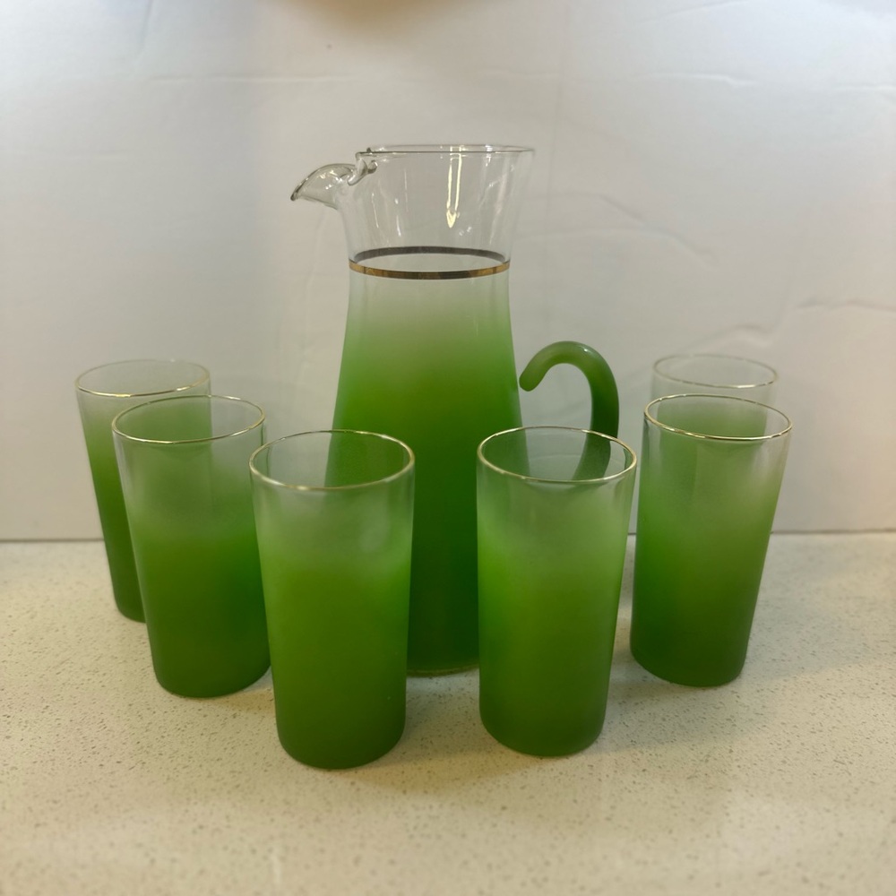 MCM 1950/60s Blendo Glads Darker Emerald Green Pitcher and 6 Glasses